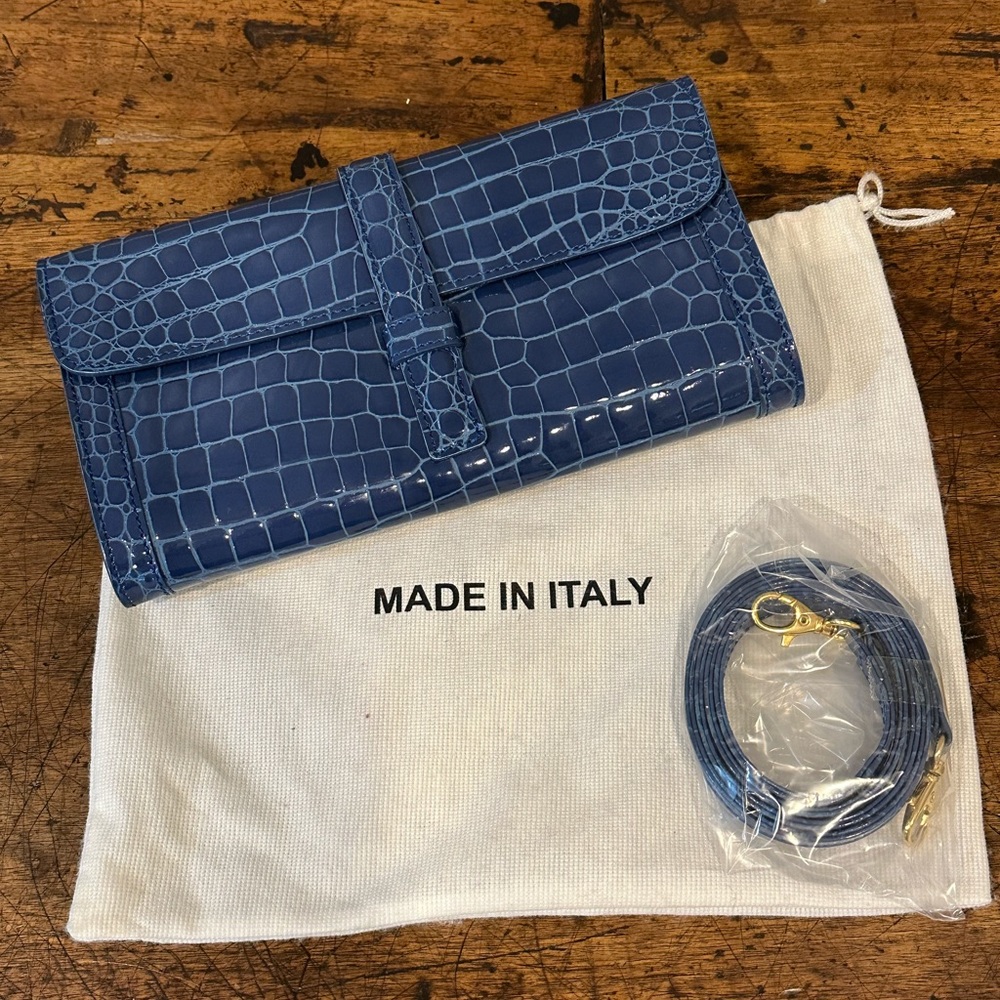 Clara Williams Blue Jean Croco Bidente Handbag Clutch Purse Strap Italian